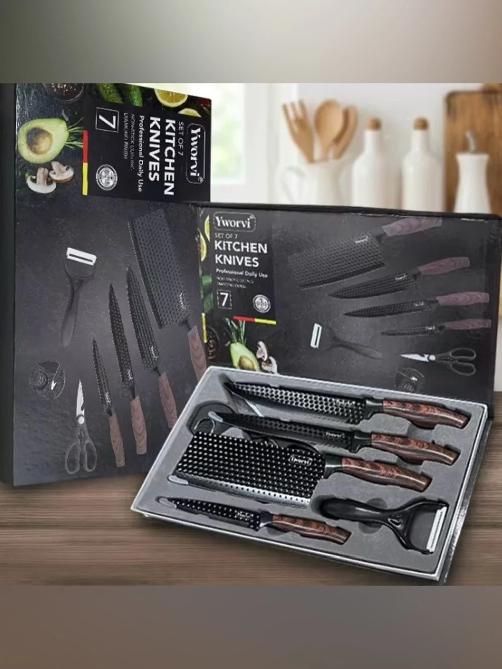 NIB Set of 7 Kitchen Knives w/Sharpener, Peeler & Scissors